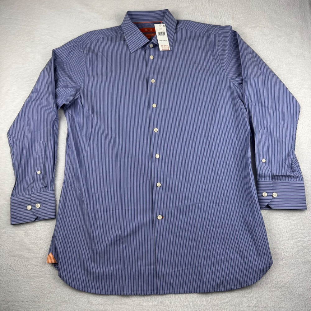 NEW Tallia Dress Shirt Mens 16-16.5 34/35 Navy Blue Purple Striped Mason Fit NWT